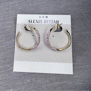 Alexis Bittar Gold Two-Tone Pave Hoop Earrings Candy Pink NEW